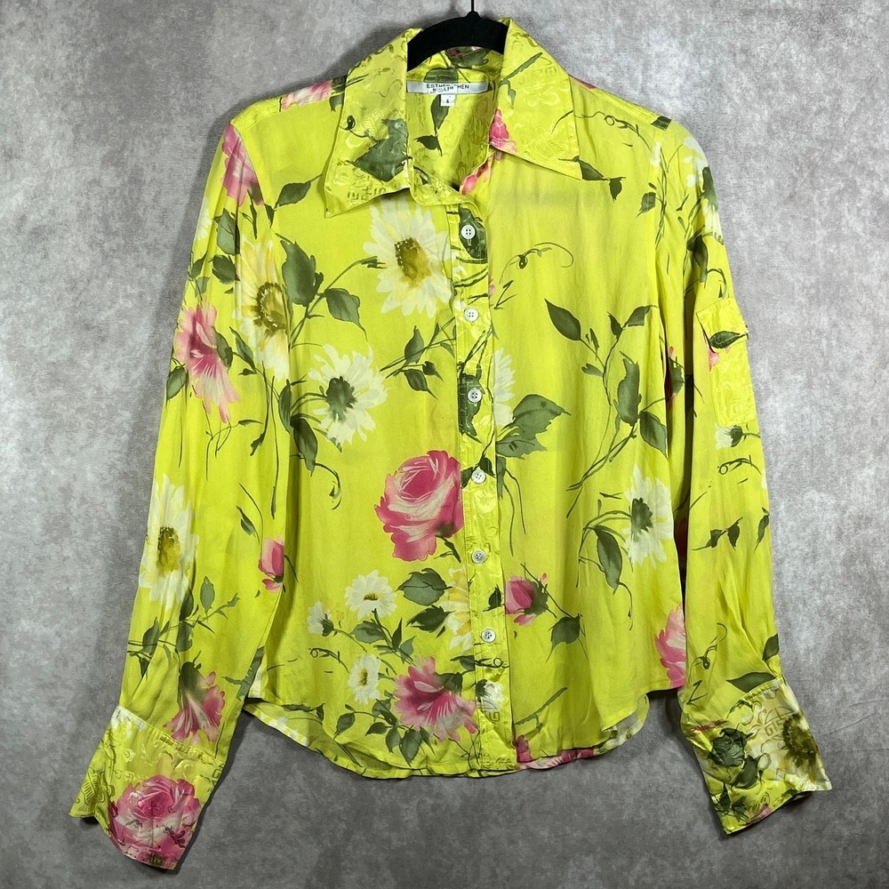 Esther Chen Blouse Womens 6 Yellow Floral Silky Button Up Long Sleeves Artsy